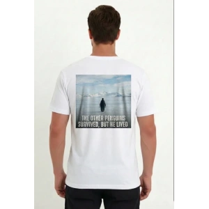 Erkek Oversize Tişört - Sırt Baskılı Survivor Penguin Temalı, Felsefi Yazılı Bisiklet Yaka Tişört - Beyaz