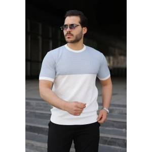 Erkek Renk Bloklu Bisiklet Yaka Kısa Kollu Triko Tişört