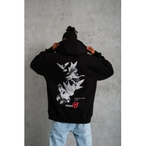 Erkek Şapkalı Güvercin Baskılı Kapşonlu Sweat - Siyah