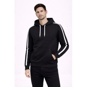 Erkek Şeritli Kapüşonlu Sweatshirt Oversize 3 Iplik Pamuklu - Siyah