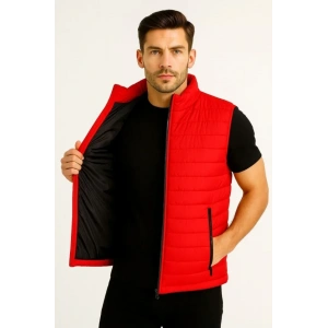 Erkek Şişme Fermuarlı Yelek Su Itici Kapitone Astarlı Kumaş Cepli Hafif Kışlık Spor Rahat Kalıp - Kırmızı