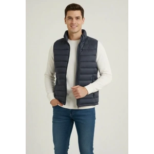 Erkek Şişme Fermuarlı Yelek Su Itici Kapitone Astarlı Kumaş Cepli Hafif Kışlık Spor Rahat Kalıp - Lacivert