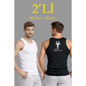 Erkek Spor Fitilli Atlet 2li Set Siyah Ve Beyaz Slim Fit Kaşkorse Arka Baskılı Spor Atlet