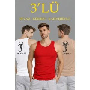 Erkek Spor Fitilli Atlet 3lü Set Beyaz, Kırmızı Ve Kahverengi Slim Fit Kaşkorse Arka Baskılı Spor Atlet