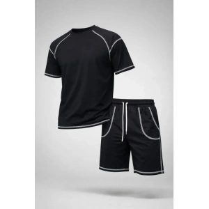 Erkek Spor Tişört Şort Takım Kontrast Dikiş Detaylı Ovarsize Rahat Kalıp - Siyah
