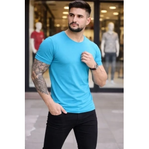 Erkek T-Shirt Bisiklet Yaka Slim Fit Dar Kesim Likralı Tişört Günlük Basic Body - Açık Mavi