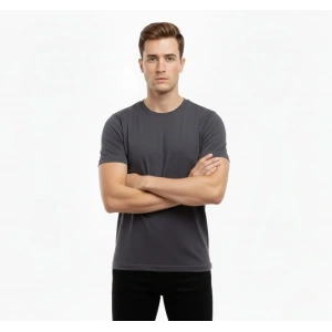 Erkek T-Shirt Bisiklet Yaka Slim Fit Dar Kesim Likralı Tişört Günlük Basic Body - Füme