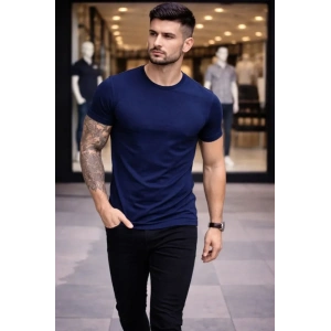 Erkek T-Shirt Bisiklet Yaka Slim Fit Dar Kesim Likralı Tişört Günlük Basic Body - Lacivert