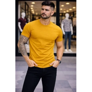 Erkek T-Shirt Bisiklet Yaka Slim Fit Dar Kesim Likralı Tişört Günlük Basic Body - Limon