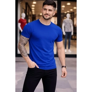 Erkek T-Shirt Bisiklet Yaka Slim Fit Dar Kesim Likralı Tişört Günlük Basic Body - Saks Mavisi