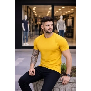 Erkek T-Shirt Bisiklet Yaka Slim Fit Dar Kesim Likralı Tişört Günlük Basic Body - Sarı
