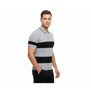 Erkek T-shirt Çizgili Triko Dokuma Kumaş Polo Yaka Yarım Fermuarlı Regular Kalıp Tişört - Gri