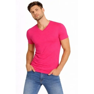 Erkek T-Shirt V Yaka Slim Fit Dar Kesim Likralı Tişört Günlük Basic Body - Pembe
