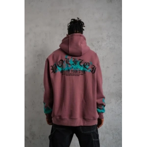 Erkek Üç İplik Içi Pamuklu Alev Baskılı Kapüşonlu Sweatshirt - Gül Kurusu