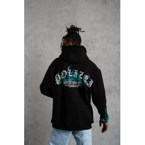 Erkek Üç İplik İçi Pamuklu Alev Baskılı Kapüşonlu Sweatshirt - Siyah