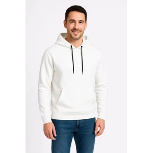 Erkek Üç İplik Kapüşonlu Kanguru Cepli SweatShirt Hoodie - Beyaz
