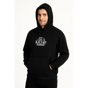 Erkek Üç İplik Kapüşonlu Ön Ve Arka Baskılı SweatShirt Hoodie - Siyah