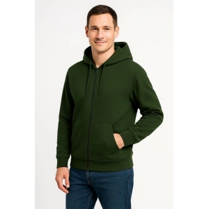 Erkek Üç İplik Kapüşonlu Tam Fermuarlı Kanguru Çepli SweatShirt Hoodie - Haki