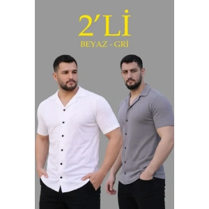 Erkek Waffle Dokuma Açık Yakalı Düğmeli Regular Kalıp 2’li Gömlek Seti - Beyaz - Gri