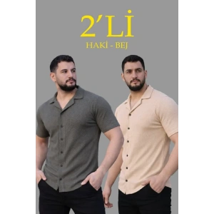 Erkek Waffle Dokuma Açık Yakalı Düğmeli Regular Kalıp 2’li Gömlek Seti - Haki - Bej