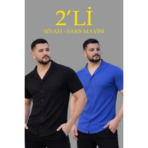 Erkek Waffle Dokuma Açık Yakalı Düğmeli Regular Kalıp 2’li Gömlek Seti - Siyah - Saks Mavisi