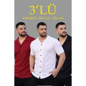 Erkek Waffle Dokuma Açık Yakalı Düğmeli Regular Kalıp 3’lü Gömlek Seti - Siyah, Kırmızı, Beyaz