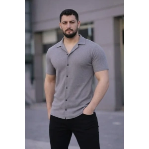 Erkek Waffle Kumaş Kısa Kollu Düğmeli Açık Yaka Regular Fit Gömlek - Gri