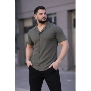 Erkek Waffle Kumaş Kısa Kollu Düğmeli Açık Yaka Regular Fit Gömlek - Haki