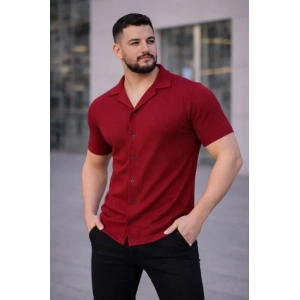 Erkek Waffle Kumaş Kısa Kollu Düğmeli Açık Yaka Regular Fit Gömlek - Kırmızı