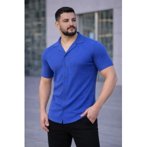 Erkek Waffle Kumaş Kısa Kollu Düğmeli Açık Yaka Regular Fit Gömlek - Saks Mavisi