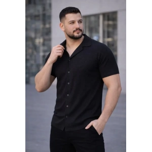 Erkek Waffle Kumaş Kısa Kollu Düğmeli Açık Yaka Regular Fit Gömlek - Siyah