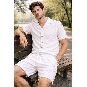 Erkek Waffle Kumaş Kısa Kollu Gömlek Şort Takım Regular Fit Yazlık İkili Set - Beyaz