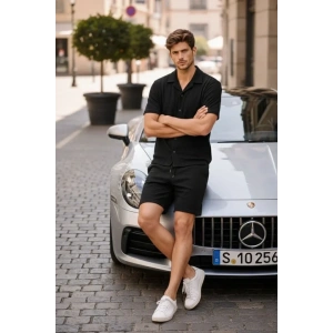 Erkek Waffle Kumaş Kısa Kollu Gömlek Şort Takım Regular Fit Yazlık İkili Set - Siyah