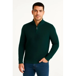 Erkek Yarım Fermuarlı Triko Kazak – Selanik Örgü, Dik Yaka, Pamuklu Dokuma, Regular Fit Uzun Kollu Kışlık Model - Haki