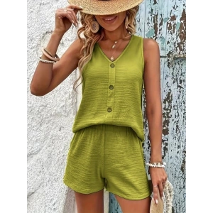 Kadın Askılı Kolsuz V Yakalı önden Düğmeli Bürümcük Bluz Ve Short Ikili Takım