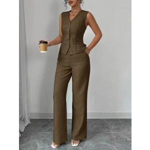 Kadın Askılı önden Düğmeli Bluz Ve Pantolon Keten Ikili Takım