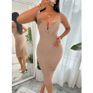 Kadın Askılı önü Düğmeli Midi Kaşkorse Elbise