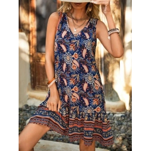 Kadın Askılı V Yakalı Fırfırlı Desenli Süprem Kısa Elbise