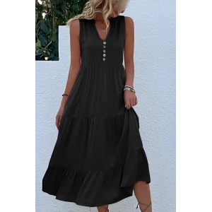 Kadın Askılı V Yakalı önden Düğmeli Midi Viskon Elbise