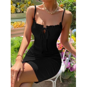 Kadın Askılı Yakası Fırfır Ve Bağlama Detay Kaşkorse Elbise