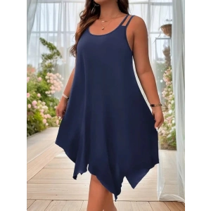 Kadın Askılı Yuvarlak Asimetrik Kesim Detaylı Viskon Elbise