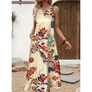 Kadın Askılı Yuvarlak Yaka Cepli Desenli Süprem Elbise