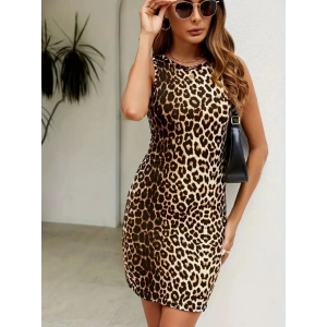 Kadın Askılı Yuvarlak Yaka Leopar Desenli Süprem Elbise