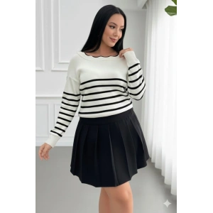 Kadın Beyaz Sırt Bağlama Detaylı çizgi Desen Triko Bluz