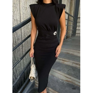 Kadın Bisiklet Yaka Vatkalı Broş Detay Kısa Kol Midi Boy Elbise