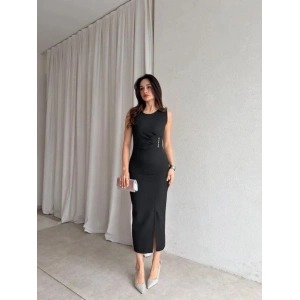 Kadin Bisiklet Yaka Yandanda Kulplu Yirtmac Detay Maxi Boy Elbise