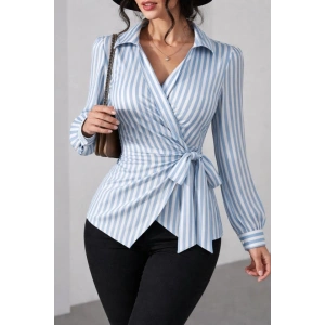 Kadın çizgili Kruvaze Bağlamalı Gömlek