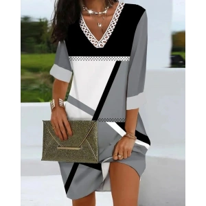 Kadın Fakir Kollu V Dantel Yaka Geometrik Desenli Dalgıç Elbise