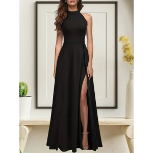 Kadın Halter Yaka Derin Yırtmaç Detaylı Tam Boy Ithal Krep Abiye Elbise