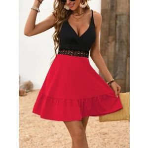 Kadın Ip Askılı Kruvaze Yaka Bel Dantel Ithal Krep Elbise